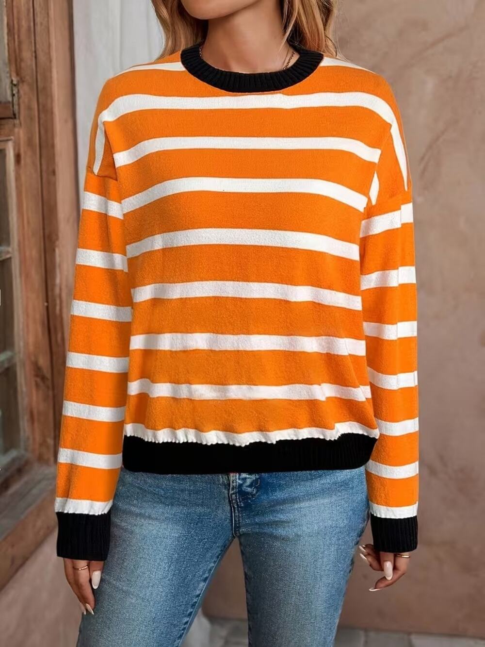 NWT Women Striped Drop Shoulder Sweater Contrast Trim Autumn Cozy Knit Slouchy